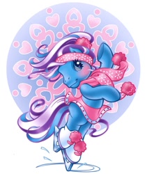 Size: 700x830 | Tagged: safe, artist:lyn fletcher, imported from derpibooru, snowflake (g3), earth pony, pony, accessory, bipedal, blue coat, blue mane, clothes, female, g3, headband, ice, ice skates, ice skating, mandala, mare, missing cutie mark, multicolored mane, official, official art, pom pom, ponytail, pose, purple hair, purple mane, scarf, scrunchie, simple background, skates, skating, skirt, snow, snowflake, solo, spinning, white background, winter, winter outfit