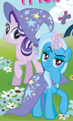 Size: 730x1206 | Tagged: safe, imported from derpibooru, starlight glimmer, trixie, butterfly, unicorn, fly into friendship, cape, clothes, duo, duo female, female, hat, magic, trixie's cape, trixie's hat