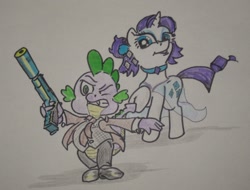 Size: 1200x911 | Tagged: safe, imported from derpibooru, rarity, spike, detective, female, gun, handgun, m1911, male, pistol, shipping, sparity, straight, suit and tie, traditional art