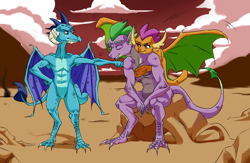 Size: 1000x650 | Tagged: safe, artist:valo-son, imported from derpibooru, princess ember, smolder, spike, dragon, armpits, claws, hug, hug from behind, older, one eye closed, playful, smiling, wink