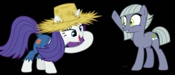 Size: 951x411 | Tagged: safe, imported from derpibooru, limestone pie, rarity, pony, simple ways, black background, hat, simple background, straw hat