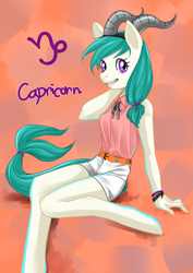 Size: 2149x3035 | Tagged: safe, artist:nebbia11, imported from derpibooru, anthro, unguligrade anthro, blouse, bracelet, capricorn, clothes, female, hair tie, horns, jewelry, looking at you, ponyscopes, ponytail, shorts, sitting, smiling, solo, zodiac