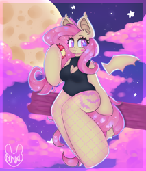 Size: 3400x4000 | Tagged: safe, artist:bunxl, imported from derpibooru, fluttershy, anthro, bat pony, unguligrade anthro, apple, boob window, cleavage window, female, fishnets, flutterbat, food, looking at you, mare, race swap, solo