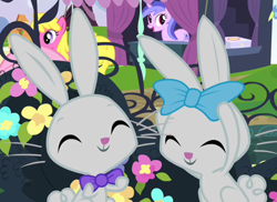 Size: 528x385 | Tagged: safe, imported from derpibooru, screencap, cherry berry, sea swirl, seafoam, earth pony, pony, rabbit, unicorn, filli vanilli, animal, background pony, bow, bowtie, cropped, cute, duo focus, eyes closed, female, hair bow, happy, mare, smiling