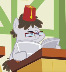 Size: 613x667 | Tagged: safe, imported from derpibooru, screencap, truffle shuffle, earth pony, pony, ponyville confidential, background pony, colt, cropped, fez, foal free press, glasses, hat, male, newspaper, reading, solo