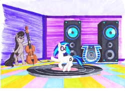 Size: 1024x745 | Tagged: safe, artist:malte279, imported from derpibooru, dj pon-3, octavia melody, vinyl scratch, cello, marker drawing, musical instrument, pickup, traditional art, vinyl disc