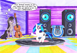 Size: 3288x2286 | Tagged: safe, artist:malte279, imported from derpibooru, dj pon-3, octavia melody, vinyl scratch, cello, comic, marker drawing, musical instrument, pickup, pun, traditional art, vinyl disc