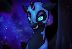 Size: 2039x1378 | Tagged: safe, artist:hosikawa, imported from derpibooru, nightmare moon, alicorn, pony, bedroom eyes, eyeshadow, female, grin, looking at you, makeup, mare, smiling, solo