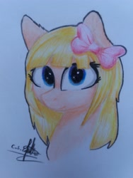 Size: 3096x4128 | Tagged: safe, artist:ironbeastz, imported from derpibooru, oc, oc only, oc:snow flake, pony, bow, bust, female, hair bow, mare, portrait, solo, traditional art