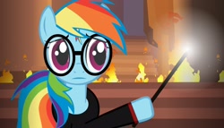 Size: 1890x1080 | Tagged: safe, artist:nidrax, artist:smlsmg4nascar2015, imported from derpibooru, rainbow dash, pony, crossover, female, fire, glasses, harry potter, harry potter (series), solo, wand