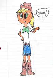 Size: 318x468 | Tagged: safe, alternate version, artist:nightshadowmlp, imported from derpibooru, applejack, equestria girls, belt, clothes, colored, cowboy hat, dialogue, female, hat, lined paper, smiling, solo, stetson, traditional art