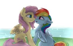 Size: 1594x1018 | Tagged: safe, artist:haruhi-il, imported from derpibooru, fluttershy, rainbow dash, pegasus, pony, duo, female, floppy ears, flutterdash, lesbian, looking into each others eyes, shipping