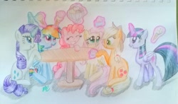 Size: 4043x2378 | Tagged: safe, artist:prinrue, imported from derpibooru, applejack, fluttershy, pinkie pie, rainbow dash, rarity, twilight sparkle, alicorn, food, glowing horn, happy, ice cream, mane six, sitting, smiling, table, traditional art, twilight sparkle (alicorn)