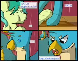 Size: 2350x1850 | Tagged: safe, artist:flash_draw, imported from derpibooru, gallus, sandbar, earth pony, griffon, pony, comic:boring days, comic, dialogue, gallbar, gay, interspecies, male, offscreen character, shipping, sitting, surprised, sweat, sweatdrop, tongue out