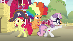 Size: 1280x720 | Tagged: safe, imported from derpibooru, screencap, apple bloom, scootaloo, sweetie belle, earth pony, pegasus, pony, unicorn, hard to say anything, apple tree, bipedal, cute, cutie mark crusaders, disguise, dressup, female, filly, hat, hay bale, pirate hat, rainbow wig, raised hoof, sweet apple acres, tree