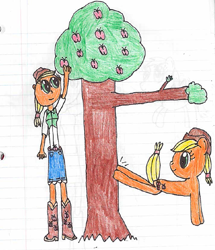 Size: 613x713 | Tagged: safe, artist:nightshadowmlp, imported from derpibooru, applejack, pony, equestria girls, anatomically incorrect, apple, apple tree, food, human ponidox, incorrect leg anatomy, kicking, lined paper, self ponidox, traditional art, tree, tree branch