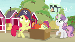 Size: 1280x720 | Tagged: safe, imported from derpibooru, screencap, apple bloom, scootaloo, sweetie belle, earth pony, pegasus, pony, unicorn, hard to say anything, apple tree, bipedal, bipedal leaning, box, clothes, costume, cutie mark crusaders, dressup, female, filly, glowing horn, hat, hay bale, horn, leaning, magic, pirate hat, sweet apple acres, telekinesis, tree