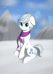 Size: 1482x2057 | Tagged: safe, artist:cluvry, imported from derpibooru, double diamond, earth pony, pony, clothes, commission, cute, daaaaaaaaaaaw, double dawwmond, male, scarf, signature, smiling, snow, solo, stallion