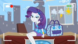 Size: 1920x1080 | Tagged: safe, imported from derpibooru, screencap, rarity, best trends forever, equestria girls, equestria girls series, bedroom eyes, bracelet, camcorder, clothes, desk, female, geode of shielding, grin, handbag, jewelry, legs, lidded eyes, looking at you, pencil, pencil skirt, rarity peplum dress, recording, sitting, skirt, smiling, solo, stupid sexy rarity