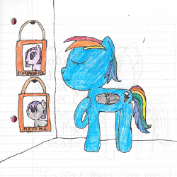 Size: 656x656 | Tagged: safe, artist:nightshadowmlp, imported from derpibooru, maud pie, pinkie pie, rainbow dash, alternate timeline, crystal war timeline, dead, frame, lined paper, memorial, pictures, prosthetic wing, room, sad, traditional art, wall