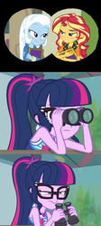 Size: 716x1600 | Tagged: safe, imported from derpibooru, sci-twi, sunset shimmer, trixie, twilight sparkle, equestria girls, equestria girls series, forgotten friendship, unsolved selfie mysteries, binoculars, clothes, female, glasses, implied lesbian, implied scitwishimmer, implied shipping, implied twixie, lesbian, shipping, spy-twi, spying, suntrix, swimsuit