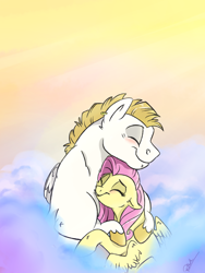 Size: 1024x1365 | Tagged: safe, artist:rutkotka, imported from derpibooru, bulk biceps, fluttershy, blushing, cloud, cute, eyes closed, female, floppy ears, flutterbulk, hug, male, shipping, shyabetes, smiling, snuggling, straight