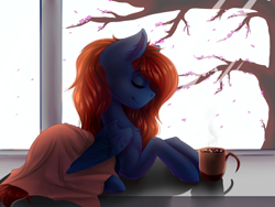 Size: 1600x1200 | Tagged: dead source, safe, artist:freckleplant, imported from derpibooru, oc, oc only, oc:night coder, pegasus, pony, blanket, chocolate, cup, eyes closed, female, flower, food, hot chocolate, mare, marshmallow, mug, relaxing, smiling, solo, steam, tree, window, wings, ych result