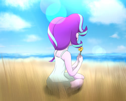 Size: 1280x1024 | Tagged: safe, artist:fotasy, imported from derpibooru, starlight glimmer, equestria girls, beach, clothes, dress, female, flower, rear view, sky, solo, water