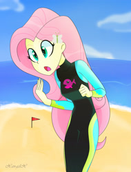 Size: 2554x3355 | Tagged: safe, artist:xan-gelx, imported from derpibooru, fluttershy, equestria girls, equestria girls series, forgotten friendship, beach, female, fluttershy's wetsuit, solo, wetsuit