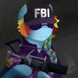 Size: 2100x2100 | Tagged: safe, artist:sapphmod, imported from derpibooru, rainbow dash, pony, clothes, crossover, fbi, female, gun, m320, rainbow six, rainbow six siege, solo, sunglasses, uniform, weapon