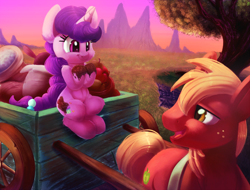 Size: 2000x1520 | Tagged: safe, artist:discorded, imported from derpibooru, big macintosh, sugar belle, earth pony, pony, unicorn, the break up breakdown, apple, cart, female, food, male, mare, mountain, mud, scene interpretation, scenery, shipping, sitting, smiling, stallion, straight, sugarmac, tree