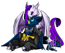 Size: 836x683 | Tagged: safe, artist:allocen, imported from derpibooru, oc, oc only, oc:eid, oc:ravyne, griffon, hippogriff, claws, female, fluffy, hug, male, paw pads, paws, shipping, simple background, size difference, straight, talons, transparent background, wings