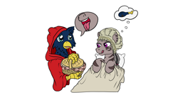 Size: 3552x2000 | Tagged: safe, artist:ghouleh, imported from derpibooru, oc, oc only, oc:eid, oc:gypsy, griffon, zebra, bed, crossdressing, disguise, female, hood, licking, licking lips, little red riding hood, male, open mouth, red riding hood, simple background, this will end in tears and/or death, tongue out, white background, zebra oc