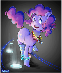 Size: 1000x1172 | Tagged: safe, artist:chockie, imported from derpibooru, pinkie pie, earth pony, pony, bracelet, female, glow rings, jewelry, leg warmers, necklace, pacifier, raver, solo, tail wrap