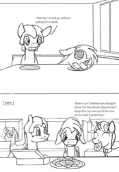 Size: 902x1293 | Tagged: safe, artist:dsb71013, imported from derpibooru, oc, oc only, oc:night cap, oc:static signal, comic, donut, food, monochrome, swirly eyes