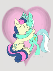 Size: 900x1200 | Tagged: safe, artist:cloudchas3r92, imported from derpibooru, bon bon, lyra heartstrings, sweetie drops, earth pony, pony, unicorn, eyes closed, female, heart, hug, lesbian, lyrabon, shipping, sketch