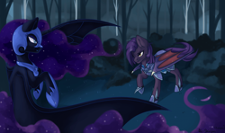 Size: 1712x1012 | Tagged: safe, artist:senpai, imported from derpibooru, nightmare moon, oc, oc:dawn sentry, alicorn, bat pony, pony, bat pony oc, bush, ethereal mane, female, forest, grass, hoof shoes, mare, metal claws, rearing, starry mane, tree