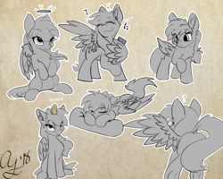 Size: 1280x1024 | Tagged: safe, artist:aurorafang, imported from derpibooru, oc, oc only, oc:cherishquill, duck, pegasus, pony, chest fluff, halo, music, music notes, pillow, quack, sitting, underhoof, wings