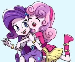 Size: 3000x2500 | Tagged: safe, artist:rockset, imported from derpibooru, rarity, sweetie belle, equestria girls, accessory, boots, clothes, cute, diasweetes, duo, eyes closed, female, hug, jacket, open mouth, raribetes, shoes, sisters, skirt, smiling