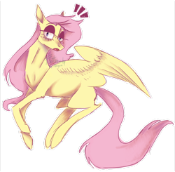 Size: 1280x1254 | Tagged: safe, artist:kotowataczekolada, imported from derpibooru, fluttershy, pegasus, pony, exclamation point, female, flying, lidded eyes, mare, missing cutie mark, open mouth, simple background, solo, transparent background