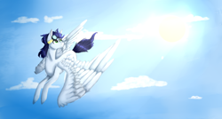 Size: 1352x722 | Tagged: safe, artist:kotowataczekolada, imported from derpibooru, soarin', pegasus, pony, flying, goggles, male, smiling, solo, stallion