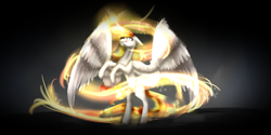 Size: 1600x800 | Tagged: safe, artist:kotowataczekolada, imported from derpibooru, daybreaker, princess celestia, alicorn, pony, abstract background, duality, female, glowing horn, mane of fire, mare, rearing, solo, spread wings, transformation, wings