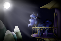 Size: 1024x683 | Tagged: safe, artist:kotowataczekolada, imported from derpibooru, princess luna, alicorn, pony, balcony, canterlot castle, female, mare, missing accessory, moon, peytral, solo