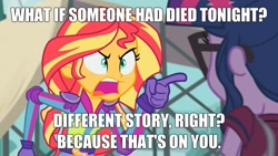 Size: 1920x1080 | Tagged: safe, edit, edited screencap, imported from derpibooru, screencap, sci-twi, sunset shimmer, twilight sparkle, equestria girls, friendship games, angry, exploitable meme, geode of empathy, geode of telekinesis, image macro, jewelry, meme, necklace, peter parker, spider-man: homecoming, sunset yells at twilight, tony stark