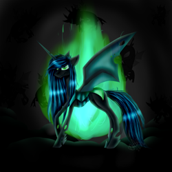 Size: 1024x1024 | Tagged: safe, artist:kotowataczekolada, imported from derpibooru, queen chrysalis, changeling, changeling queen, dark, female, fire, green fire, smiling, solo, spread wings, wings