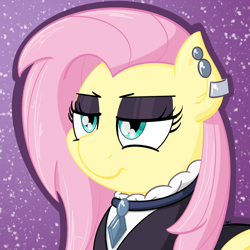 Size: 2000x2000 | Tagged: safe, artist:ashtoneer, imported from derpibooru, fluttershy, pony, fake it 'til you make it, bust, ear piercing, eyeshadow, female, fluttergoth, goth, makeup, piercing, simple background, solo