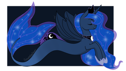 Size: 1024x576 | Tagged: safe, artist:cadetredshirt, imported from derpibooru, princess luna, alicorn, merpony, seapony (g4), blue mane, crown, dorsal fin, eyes closed, female, fin wings, fish tail, hoof shoes, horn, jewelry, regalia, seaponified, seapony luna, simple background, smiling, solo, species swap, tail, wings