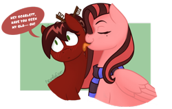 Size: 1024x652 | Tagged: safe, artist:cadetredshirt, imported from derpibooru, oc, oc only, oc:cadetpone, oc:scarlett blade, earth pony, pegasus, pony, chopsticks, clothes, couple, female, lesbian, licking, oc x oc, scarf, shipping, shocked, simple background, tongue out, transparent background