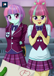 Size: 707x1000 | Tagged: safe, artist:uotapo, imported from derpibooru, sour sweet, sunny flare, oc, oc:anon, equestria girls, adoraflare, arm behind back, begging, blushing, clothes, colored pupils, crystal prep academy uniform, cute, detention, duo, duo female, f, fallout, female, freckles, looking at you, offscreen character, open mouth, pipboy, plaid skirt, pleated skirt, ponytail, pov, school uniform, skirt, smiling, sourbetes, sunny flare's wrist devices, uotapo is trying to murder us, whoops