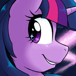 Size: 1500x1500 | Tagged: safe, artist:ketirz, artist:zaron, artist:zaronart, imported from derpibooru, twilight sparkle, alicorn, pony, abstract background, bust, female, looking at you, looking back, mare, smiling, smirk, solo, starry eyes, twilight sparkle (alicorn), wingding eyes